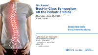 Graphic of a woman's torso with an illustrated spine overlaid. Copy promoting 11th Annual Best in Class Symposium on the Pediatric Spine
